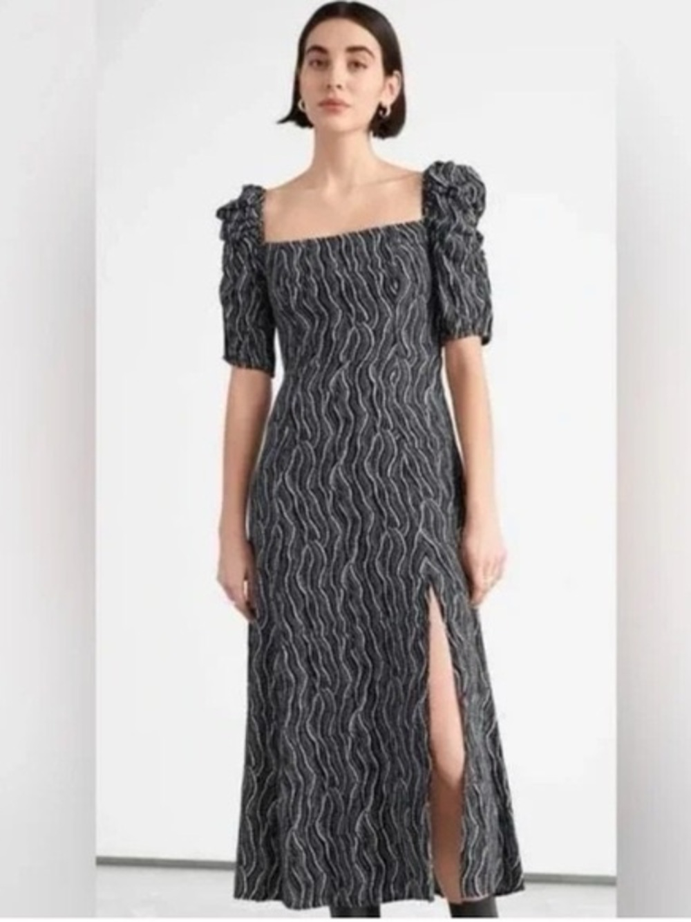 & Other Stories Black and White Wave-Print Square Neck Midi Dress